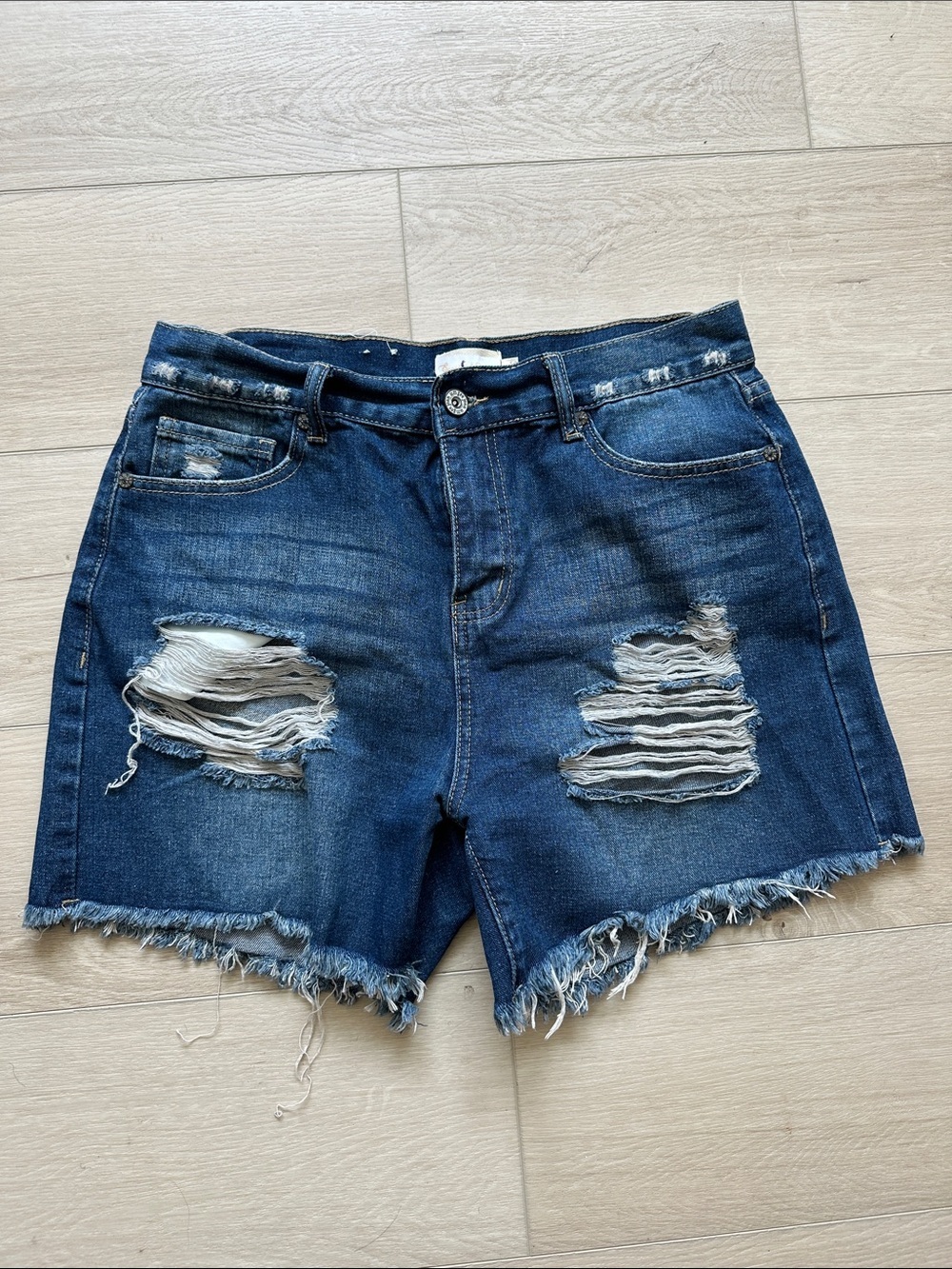 High-Rise Distressed Dark Blue Denim Shorts